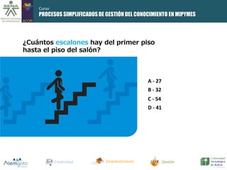 PROCESOS SIMPLIFICADOS DE GESTIÓN DEL CONOCIMIENTO EN MIPYMES 
¿Cuántos escalones hay del primer piso 
hasta el piso del salón? 
A - 27 
B - 32 
C - 54 
D - 41 
Creatividad Emprendimiento Gestión 
Curso 
 