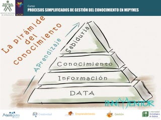 PROCESOS SIMPLIFICADOS DE GESTIÓN DEL CONOCIMIENTO EN MIPYMES 
Creatividad Emprendimiento Gestión 
Curso 
 