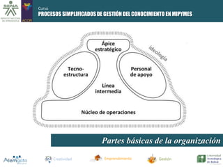 PROCESOS SIMPLIFICADOS DE GESTIÓN DEL CONOCIMIENTO EN MIPYMES 
Creatividad Emprendimiento Gestión 
Curso 
Partes básicas de la organización 
 