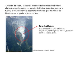 - Zona de ablación. Es aquella zona donde ocurre la ablación del
glaciar que es el modo en el que pierde hielo y nieve. Comprende la
fusión, la evaporación y el desprendimiento de grandes masas de
hielo cuando el glaciar entra en el mar.
Zona de ablación
Es la zona donde se junta la fusión y la
evaporación, dando lugar a la ablación, que es ahí
donde se acaba el glaciar.
Glaciar des Bossons. Chamonix. (Francia)
 