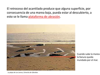 El retroceso del acantilado produce que alguna superficie, por
consecuencia de una marea baja, pueda estar al descubierto, a
esto se le llama plataforma de abrasión.
La playa de Los Lances, Estrecho de Gibraltar.
Cuando sube la marea
la llanura queda
inundada por el mar.
 