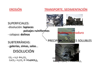 EROSIÓN
SUPERFICIALES:
-disolución: lapiaces
paisajes ruiniformes
- colapso: dolinas
SUBTERRÁNEAS:
- galerías, simas, salas…
DISOLUCIÓN
CO2 + H20 H2CO3
CaCO3 + H2CO3 Ca(HCO3)2.
ACUMULACIÓN ARCILLAS
PRECIPITACIÓN SALES SOLUBLES
TRANSPORTE, SEDIMENTACIÓN
PRECIPITACIÓN
CO2 + H20 H2CO3
CaCO3 + H2CO3 Ca(HCO3)2.
Sedimento maduro
 