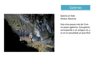 Galería en Ilobi
(Aralar, Navarra)
Esta sima posee más de 5 km
en pozos ygalerías. Esta galería
corresponde a un antiguo río, y
es en la actualidad un piso fósil
.
Galerías
 