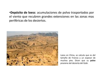 •Depósito de loess: acumulaciones de polvo trasportados por
el viento que recubren grandes extensiones en las zonas mas
periféricas de los desiertos.
Loess en China, se calcula que es del
tamaño de Francia y un espesor de
muchos pies. Dicen que su polvo
proviene del desierto del Gobi.
 