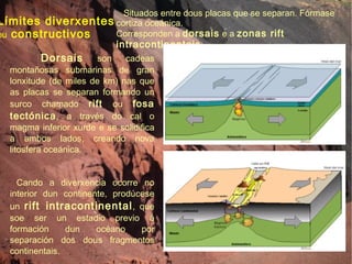 Límites diverxentes  ou  constructivos Situados entre dous placas que se separan. Fórmase cortiza oceánica. Corresponden a  dorsais  e a  zonas rift intracontinentais . Dorsais  son cadeas montañosas submarinas de gran lonxitude (de miles de km) nas que as placas se separan formando un surco chamado  rift  ou  fosa tectónica , a través do cal o magma inferior xurde e se solidifica a ambos lados, creando nova litosfera oceánica. Cando a diverxencia ocorre no interior dun continente, prodúcese un  rift intracontinental , que soe ser un estadio previo á formación dun océano por separación dos dous fragmentos continentais. Nestos límites prodúcense  vulcanismo activo  e  sismos de foco pouco profundo .  