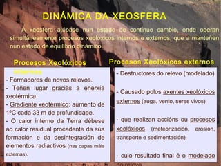 DINÁMICA DA XEOSFERA A xeosfera atópase nun estado de continuo cambio, onde operan simultáneamente procesos xeolóxicos internos e externos, que a manteñen nun estado de equilibrio dinámico. Procesos Xeolóxicos externos Procesos Xeolóxicos internos - Destructores do relevo (modelado) - Causado polos  axentes xeolóxicos externos   (auga, vento, seres vivos) - que realizan accións ou  procesos xeolóxicos   (meteorización, erosión, transporte e sedimentación) - cuio resultado final é o  modelado do relevo . - Formadores de novos relevos. - Teñen lugar gracias a enerxía xeotérmica. -  Gradiente xeotérmico : aumento de 1ºC cada 33 m de profundidade. - O calor interno da Terra débese ao calor residual procedente da súa formación e da desintegración de elementos radiactivos  (nas capas máis externas) . 