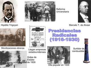 Presidencias Radicales (1916-1930) Reforma Universitaria Movilizaciones obreras Marcelo T. de Alvear Olla popular en 1930 Hipólito Yrigoyen Llegan empresas estadounidenses Golpe de Estado de 1930 Surtidor de combustible 