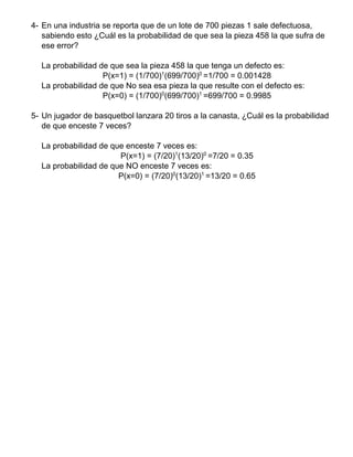 4- En una industria se reporta que de un lote de 700 piezas 1 sale defectuosa,
sabiendo esto ¿Cuál es la probabilidad de que sea la pieza 458 la que sufra de
ese error?
La probabilidad de que sea la pieza 458 la que tenga un defecto es:
P(x=1) = (1/700)1
(699/700)0
=1/700 = 0.001428
La probabilidad de que No sea esa pieza la que resulte con el defecto es:
P(x=0) = (1/700)0
(699/700)1
=699/700 = 0.9985
5- Un jugador de basquetbol lanzara 20 tiros a la canasta, ¿Cuál es la probabilidad
de que enceste 7 veces?
La probabilidad de que enceste 7 veces es:
P(x=1) = (7/20)1
(13/20)0
=7/20 = 0.35
La probabilidad de que NO enceste 7 veces es:
P(x=0) = (7/20)0
(13/20)1
=13/20 = 0.65
 