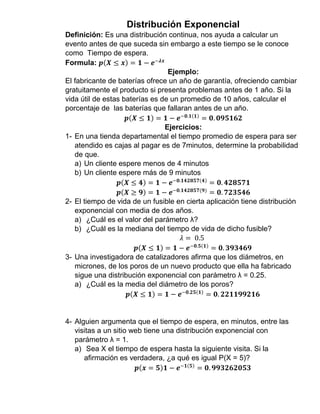 Distribución Exponencial
Definición: Es una distribución continua, nos ayuda a calcular un
evento antes de que suceda sin embargo a este tiempo se le conoce
como Tiempo de espera.
Formula: 𝒑(𝑿 ≤ 𝒙) = 𝟏 − 𝒆−𝝀𝒙
Ejemplo:
El fabricante de baterías ofrece un año de garantía, ofreciendo cambiar
gratuitamente el producto si presenta problemas antes de 1 año. Si la
vida útil de estas baterías es de un promedio de 10 años, calcular el
porcentaje de las baterías que fallaran antes de un año.
𝒑(𝑿 ≤ 𝟏) = 𝟏 − 𝒆−𝟎.𝟏(𝟏)
= 𝟎. 𝟎𝟗𝟓𝟏𝟔𝟐
Ejercicios:
1- En una tienda departamental el tiempo promedio de espera para ser
atendido es cajas al pagar es de 7minutos, determine la probabilidad
de que.
a) Un cliente espere menos de 4 minutos
b) Un cliente espere más de 9 minutos
𝒑(𝑿 ≤ 𝟒) = 𝟏 − 𝒆−𝟎.𝟏𝟒𝟐𝟖𝟓𝟕(𝟒)
= 𝟎. 𝟒𝟐𝟖𝟓𝟕𝟏
𝒑(𝑿 ≥ 𝟗) = 𝟏 − 𝒆−𝟎.𝟏𝟒𝟐𝟖𝟓𝟕(𝟗)
= 𝟎. 𝟕𝟐𝟑𝟓𝟒𝟔
2- El tiempo de vida de un fusible en cierta aplicación tiene distribución
exponencial con media de dos años.
a) ¿Cuál es el valor del parámetro λ?
b) ¿Cuál es la mediana del tiempo de vida de dicho fusible?
𝜆 = 0.5
𝒑(𝑿 ≤ 𝟏) = 𝟏 − 𝒆−𝟎.𝟓(𝟏)
= 𝟎. 𝟑𝟗𝟑𝟒𝟔𝟗
3- Una investigadora de catalizadores afirma que los diámetros, en
micrones, de los poros de un nuevo producto que ella ha fabricado
sigue una distribución exponencial con parámetro λ = 0.25.
a) ¿Cuál es la media del diámetro de los poros?
𝒑(𝑿 ≤ 𝟏) = 𝟏 − 𝒆−𝟎.𝟐𝟓(𝟏)
= 𝟎. 𝟐𝟐𝟏𝟏𝟗𝟗𝟐𝟏𝟔
4- Alguien argumenta que el tiempo de espera, en minutos, entre las
visitas a un sitio web tiene una distribución exponencial con
parámetro λ = 1.
a) Sea X el tiempo de espera hasta la siguiente visita. Si la
afirmación es verdadera, ¿a qué es igual P(X = 5)?
𝒑(𝒙 = 𝟓)𝟏 − 𝒆−𝟏(𝟓)
= 𝟎. 𝟗𝟗𝟑𝟐𝟔𝟐𝟎𝟓𝟑
 