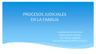 PROCESOS JUDICIALES
EN LA FAMILIA
CATERINE BOTYAY KUETGAJE
KAREN GARCÉS HERRERA
LEFTY MENA CORDOBA
NAYLLIBE ANDREA MUÑETÓN VÁSQUEZ
 