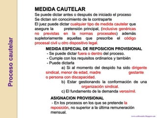MEDIDA CAUTELARSe puede dictar antes o después de iniciado el procesoSe dictan sin conocimiento de la contraparteEl juez puede dictar cualquier tipo de medida cautelar que asegure la       pretensión principal, (inclusive genéricas no previstas en la normas procesales) además supletoriamente aquellas que prescribe el código procesal civil u otro dispositivo legal.Proceso cautelarMEDIDA ESPECIAL DE REPOSICION PROVISIONAL - Se puede dictar fuera o dentro del proceso. - Cumple con los requisitos ordinarios y también  - Puede dictarla 	a) Si al momento del despido ha sido dirigente sindical, menor de edad, madre 	    	    gestante o persona con discapacidad.	b) Estar gestionando la conformación de una 	    	    organización sindical.	c) El fundamento de la demanda verosímil.ASIGNACION PROVISIONAL - En los procesos en los que se pretende la reposición, no superior a la última remuneración mensual.www.carlitoandre.blogspot.com
