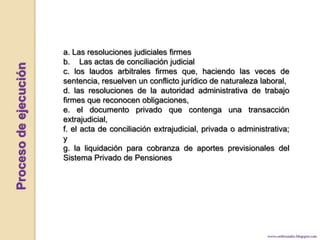 Proceso de ejecucióna. Las resoluciones judiciales firmes Las actas de conciliación judicialc. los laudos arbitrales firmes que, haciendo las veces de sentencia, resuelven un conflicto jurídico de naturaleza laboral,d. las resoluciones de la autoridad administrativa de trabajo firmes que reconocen obligaciones,e. el documento privado que contenga una transacción extrajudicial,f. el acta de conciliación extrajudicial, privada o administrativa; yg. la liquidación para cobranza de aportes previsionales del Sistema Privado de Pensioneswww.carlitoandre.blogspot.com