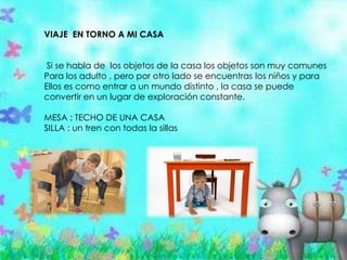VIAJE EN TORNO A MI CASA
Si se habla de los objetos de la casa los objetos son muy comunes
Para los adulto , pero por otro lado se encuentras los niños y para
Ellos es como entrar a un mundo distinto , la casa se puede
convertir en un lugar de exploración constante.
MESA : TECHO DE UNA CASA
SILLA : un tren con todas la sillas
 