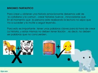 BINOMIO FANTASTICO
Para crear u obtener una historia emocionante debemos salir de
lo cotidiano y lo común , crear historias nuevas , innovadoras que
En el momento que la persona este realizando la lectura no sepa que
Va a suceder y lo incite a seguir leyendo.
Para esto es importante tener unas palabras claves para la hora de crear
La historia, y estas mismas no deben tener ilación , es decir, no deben
ser palabras que no concuerden.
+
x
+
.
 