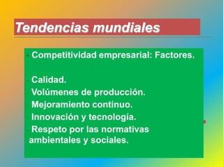 Tendencias mundiales
    Competitividad empresarial: Factores.

 - Calidad.
 - Volúmenes de producción.
 - Mejoramiento continuo.
 - Innovación y tecnología.
 - Respeto por las normativas
  ambientales y sociales.
 