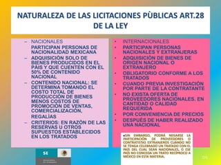 NATURALEZA DE LAS LICITACIONES PÙBLICAS ART.28
                  DE LA LEY
 – NACIONALES                   •   INTERNACIONALES
   PARTICIPAN PERSONAS DE       •   PARTICIPAN PERSONAS
   NACIONALIDAD MEXICANA            NACIONALES Y EXTRANJERAS
 – ADQUISICIÒN SOLO DE          •   ADQUISICIÒN DE BIENES DE
   BIENES PRODUCIDOS EN EL          ORIGEN NACIONAL O
   PÀIS Y QUE CUENTEN CON EL        EXTRANJERO
   50% DE CONTENIDO             •   OBLIGATORIO CONFORME A LOS
   NACIONAL                         TRATADOS
 – CONTENIDO NACIONAL: SE       •   CUANDO PREVIA INVESTIGACIÒN
   DETERMINA TOMANDO EL             POR PARTE DE LA CONTRATANTE
   COSTO TOTAL DE               •   NO EXISTA OFERTA DE
   PRODUCCIÒN DE BIENES             PROVEEDORES NACIONALES. EN
   MENOS COSTOS DE                  CANTIDAD O CALIDAD
   PROMOCIÒN DE VENTAS,             REQUERIDA
   COMERCIALIZACIÒN,
   REGALÌAS                     •   POR CONVENIENCIA DE PRECIOS
 – CRITERIOS: EN RAZÒN DE LAS   •   DESPUÈS DE HABER REALIZADO
   RESERVAS U OTROS                 UNA NACIONAL
   SUPUESTOS ESTABLECIDOS
   EN LOS TRATADOS                  SIN EMBARGO, PODRÁ NEGARSE LA
                                    PARTICIPACIÓN DE PROVEEDORES O
                                    CONTRATISTAS EXTRANJEROS CUANDO NO
                                    SE TENGA CELEBRADO UN TRATADO CON EL
                                    PAÍS DEL CUAL SEAN NACIONALES, O ESE
                                    PAÍS NO CONCEDA UN TRATO RECÍPROCO A
                                    MÉXICO EN ESTA MATERIA.                271
 