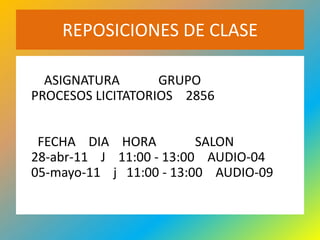 REPOSICIONES DE CLASE
•
      ASIGNATURA       GRUPO
    PROCESOS LICITATORIOS 2856


     FECHA DIA HORA          SALON
    28-abr-11 J 11:00 - 13:00 AUDIO-04
    05-mayo-11 j 11:00 - 13:00 AUDIO-09
 