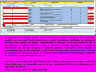 •   Las dependencias y entidades podrán cancelar una licitación, partidas o conceptos incluidos en éstas,
    cuando se presente caso fortuito; fuerza mayor; existan circunstancias justificadas que extingan la
    necesidad para adquirir los bienes, arrendamientos o servicios, o que de continuarse con el
    procedimiento se pudiera ocasionar un daño o perjuicio a la propia dependencia o entidad. La
    determinación de dar por cancelada la licitación, partidas o conceptos, deberá precisar el
    acontecimiento que motiva la decisión, la cual se hará del conocimiento de los licitantes, y no será
    procedente contra ella recurso alguno, sin embargo podrán interponer la inconformidad en términos
    del Título Sexto, Capítulo Primero de esta Ley.
•
•   Salvo en las cancelaciones por caso fortuito y fuerza mayor, la dependencia o entidad cubrirá a los
    licitantes los gastos no recuperables que, en su caso, procedan en términos de lo dispuesto por el
    Reglamento de esta Ley.
                                                                                              334
•   Artículo reformado DOF 07-07-2005, 28-05-2009
 