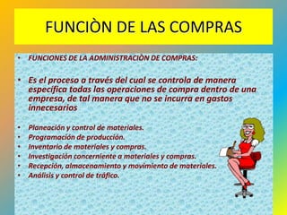 FUNCIÒN DE LAS COMPRAS
• FUNCIONES DE LA ADMINISTRACIÒN DE COMPRAS:

• Es el proceso a través del cual se controla de manera
  específica todas las operaciones de compra dentro de una
  empresa, de tal manera que no se incurra en gastos
  innecesarios

•   Planeación y control de materiales.
•   Programación de producción.
•   Inventario de materiales y compras.
•   Investigación concerniente a materiales y compras.
•   Recepción, almacenamiento y movimiento de materiales.
•   Análisis y control de tráfico.


                                                             36
 