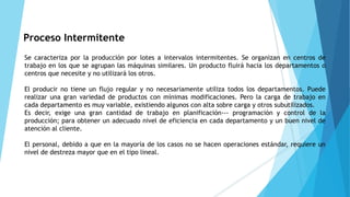 Se caracteriza por la producción por lotes a intervalos intermitentes. Se organizan en centros de
trabajo en los que se agrupan las máquinas similares. Un producto fluirá hacia los departamentos o
centros que necesite y no utilizará los otros.
El producir no tiene un flujo regular y no necesariamente utiliza todos los departamentos. Puede
realizar una gran variedad de productos con mínimas modificaciones. Pero la carga de trabajo en
cada departamento es muy variable, existiendo algunos con alta sobre carga y otros subutilizados.
Es decir, exige una gran cantidad de trabajo en planificación--- programación y control de la
producción; para obtener un adecuado nivel de eficiencia en cada departamento y un buen nivel de
atención al cliente.
El personal, debido a que en la mayoría de los casos no se hacen operaciones estándar, requiere un
nivel de destreza mayor que en el tipo lineal.
Proceso Intermitente
 