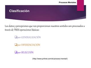 Procesos Mentales
Clasificación
Los datos y percepciones que nos proporcionan nuestros sentidos son procesados a
través de TRES operaciones básicas:
por GENERALIZACIÓN
por DIFERENCIACIÓN
por SELECCIÓN
(http://www.pnlnet.com/el-proceso-mental/)
 
