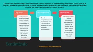 Sentimiento
Esta respuesta está mediada por neurotransmisores como la dopamina, la noradrenalina y la serotonina. Forma parte de la
dinámica cerebral del ser humano y de los demás animales, que les capacita para reaccionar a los eventos de la vida diaria al
drenarse una sustancia producida en el cerebro, al mismo.
Es resultado de una emoción
Dopamina
•La dopamina tiene
muchas funciones en el
cerebro, incluyendo
papeles importantes en
el comportamiento y la
cognición, la actividad
motora, la motivación y
la recompensa, la
regulación de la
producción de leche, el
sueño, el humor, la
atención, y el
aprendizaje.
Noradrenalina
• (llamada
norepinefrina cuando
es sintética) es una
catecolamina con
doble función como
hormona y
neurotransmisor.
Serotonina
• Sustancia química
cerebral
directamente
relacionada con la
sensación de
bienestar. Así, a
niveles altos de
serotonina, le
correspondería un
mayor nivel de
felicidad.
 