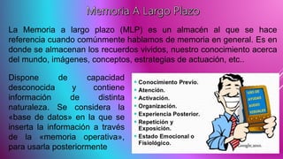 La Memoria a largo plazo (MLP) es un almacén al que se hace
referencia cuando comúnmente hablamos de memoria en general. Es en
donde se almacenan los recuerdos vividos, nuestro conocimiento acerca
del mundo, imágenes, conceptos, estrategias de actuación, etc..
Dispone de capacidad
desconocida y contiene
información de distinta
naturaleza. Se considera la
«base de datos» en la que se
inserta la información a través
de la «memoria operativa»,
para usarla posteriormente
 