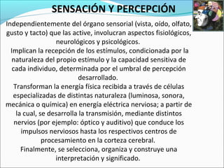 Independientemente del órgano sensorial (vista, oído, olfato,
gusto y tacto) que las active, involucran aspectos fisiológicos,
neurológicos y psicológicos.
Implican la recepción de los estímulos, condicionada por la
naturaleza del propio estímulo y la capacidad sensitiva de
cada individuo, determinada por el umbral de percepción
desarrollado.
Transforman la energía física recibida a través de células
especializadas de distintas naturaleza (luminosa, sonora,
mecánica o química) en energía eléctrica nerviosa; a partir de
la cual, se desarrolla la transmisión, mediante distintos
nervios (por ejemplo: óptico y auditivo) que conduce los
impulsos nerviosos hasta los respectivos centros de
procesamiento en la corteza cerebral.
Finalmente, se selecciona, organiza y construye una
interpretación y significado.
SENSACIÓN Y PERCEPCIÓN
 