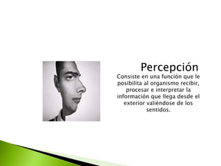 Percepción
Consiste en una función que le
posibilita al organismo recibir,
procesar e interpretar la
información que llega desde el
exterior valiéndose de los
sentidos.
 