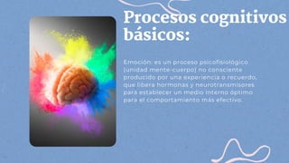 Procesos cognitivos
básicos:
Emoción: es un proceso psicofisiológico
(unidad mente-cuerpo) no consciente
producido por una experiencia o recuerdo,
que libera hormonas y neurotransmisores
para establecer un medio interno óptimo
para el comportamiento más efectivo.
 