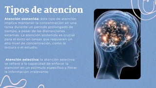 Tipos de atencion
Atención sostenida: este tipo de atención
implica mantener la concentración en una
tarea durante un período prolongado de
tiempo, a pesar de las distracciones
externas. La atención sostenida es crucial
para el éxito en tareas que requieren un
alto nivel de concentración, como la
lectura o el estudio.
Atención selectiva: la atención selectiva
se refiere a la capacidad de enfocar la
atención en un estímulo específico y filtrar
la información irrelevante.
 