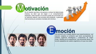 Una emoción es un estado afectivo que experimentamos, una
reacción subjetiva al ambiente que viene acompañada de
cambios orgánicos (fisiológicos y endocrinos) de origen
innato, influidos por la experiencia. Las emociones tienen una
función adaptativa de nuestro organismo a lo que nos rodea
Es el impulso que lleva a la persona a actuar de determinada
manera, es decir que da origen a un comportamiento
especifico. Este impulso a la acción puede ser provocado por
un estímulo externo, que proviene del ambiente, o generado
internamente por procesos mentales del individuo.
 