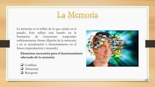 La memoria es el reflejo de lo que existió en el
pasado. Este reflejo está basado en la
formación de conexiones temporales
suficientemente firmes (fijación de la memoria)
y en su actualización o funcionamiento en el
futuro (reproducción y recuerdo)
Elementos necesarios para el funcionamiento
adecuado de la memoria:
 Codificar
 Almacenar
 Recuperar
 