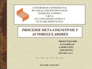 PROCESOS META-COGNITIVOS Y
AUTOREGULADORES
UNIVERSIDAD EXPERIMENTAL
DE LOS LLANOS OCCIDENTALES
“EZEQUIEL ZAMORA”
V.R.P.A.
LIC. CONTADURIA PUBLICA
GUANARE-PORTUGUESA
PRESENTADA POR:
- ANA BARILLAS
-CARMEN PIÑA
- YOSVER PIÑA
SECCION AN-3
GUANARE, JULIO 2016
 