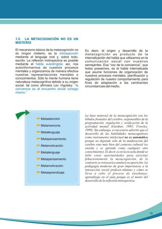1.5. LA METACOGNICIÓN NO ES UN
MISTERIO
El mecanismo básico de la metacognición no
es ningún misterio, es la introspección
mediante el lenguaje oral y, sobre todo,
escrito. La reflexión instropectiva es posible
mediante el habla autodirigida; así, nos
autoinformarmos de nuestros procesos
mentales y organizamos de manera efectiva
nuestras representaciones mentales o
conocimientos. Sólo la mente humana tiene
naturaleza metacognitiva debido a su origen
social, tal como afirmara Lev Vigotsky: “la
conciencia es el encuentro social consigo
mismo.”

Metaatención
Metamemoria
Metalenguaje
Metapensamiento
Metamotivación
Metalenguaje
Metapensamiento
Metamotivación
Metaaprendizaje

Es decir, el origen y desarrollo de la
metacognición es producto de la
internalización del habla que utilizamos en la
comunicación social con nuestros
semejantes. Esa “voz de la conciencia”, que
todos poseemos, es el habla internalizada
que asume funciones de organización de
nuestros procesos mentales, planificación y
regulación de nuestro comportamiento para
fines de adaptación a las cambiantes
circunstancias del medio.

La base material de la metacognición son los
lóbulos frontales del cerebro, responsables de la
programación, regulación y verificación de la
actividad mental (Gardner, 1995; Frawley,
1999). Sin embargo, es necesario advertir que el
desarrollo de las habilidades metacognitivas
como instrumento intelectual no es automático
porque no depende sólo de la maduración del
cerebro sino más bien del contexto cultural (se
enseña y se aprende como cualquier otro
conocimiento). Es decir, es en la escuela donde se
debe crear oportunidades para ejercitar
fehacientemente la metacognición, de lo
contrario se retrasará o anulará su aparición. La
pedagogía moderna da gran importancia a la
interacción social profesor-alumno y cómo se
lleva a cabo el proceso de enseñanzaaprendizaje en el aula porque es el motor del
desarrollo de la reflexión introspectiva.

15

 