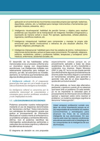 aplicación en el control de los movimientos corporales propios (por ejemplo: bailarines,
deportistas, actores, etc.) y habilidad para manejar instrumentos o herramientas (por
ejemplo, músicos, artesanos, etc.).
Inteligencia visual-espacial: habilidad de percibir formas y objetos para resolver
problemas que requieren de la manipulación de imágenes mentales (imaginación) y
expresarlo de manera verbal o visual. Por ejemplo, ajedrecistas, artistas plásticos,
ingenieros, científicos creativos, etc.
Inteligencia intrapersonal: habilidad para comprender y manejar la propia vida
emocional para decidir involucrarnos o retiranos de una situación afectiva. Por
ejemplo, religiosos, psicólogos, etc.
Inteligencia interpersonal: habilidad para intuir los estados de ánimo, motivaciones e
intenciones de los demás y actuar en base a ese conocimiento. Por ejemplo, religiosos,
políticos, vendedores, padres y profesores hábiles, terapeutas y consejeros como
médicos, enfermeras, asistentes sociales, etc.
El desarrollo de las habilidades arriba
mencionadas no es un proceso uniforme sino
un dramático zigzag con disparidades
asombrosas. Las inteligencias múltiples son
relativamente autónomas pero trabajan en
armonía, por ello, tal autonomía es invisible;
asimismo, lo normal es que fomentemos sólo
algunas de ellas gracias a la educación.

2. Inteligencia cultural.- Es el componente
general que tiene que ver con el modo en que la
educación fomenta las inteligencias heredadas.
La inteligencia cultural se caracteriza por la
asimilación intencional de conocimientos y
estrategias para resolver problemas novedosos
y/o de complejidad creciente.
1.7. LOS DIAGRAMAS DE DECISIONES
Podemos acrecentar nuestra metacognición
mediante el uso de diagramas denominados
de “decisiones o de flujo.” Estos instrumentos
son estrategias de interrogación guiada que
grafica el procesamiento de información
efectuado en nuestra mente al enfrentarnos a
un problema complejo y cambiante (Monereo,
2001a). Con él podemos identificar las
interrogantes autoevaluatorias pertinentes a
cada paso de una tarea cognitiva y reflexionar
las alternativas de solución.
El diagrama de decisión es una propuesta

especialmente valiosa porque es un
procedimiento aplicable a todas las áreas
académicas. Es decir, es útil y transferible a
contenidos muy diversos. Según Monereo
(2001 b; pág. 8): “es la vía que puede permitir
que efectivamente algunos procedimientos de
enorme poder heurístico lleguen a convertirse
en herramientas versátiles para aprender a
aprender más allá de un área específica y
quizás del currículum escolar”.
En otras palabras, es hacer algo alternativo,
pertinente y oportuno cuando ya no sabemos
qué hacer ante un problema. En este sentido,
ya no es importante la velocidad para el
procesamiento de información sino la reflexión
(pensar y repensar) sobre cómo resolver el
problema. La moderna psicología cognitiva la
denomina “metacognición”.
Usted amigo(a) profesor(a) cumple una
labor de suma importancia porque es el
(la) responsable de suministrar los medios
(conocimientos y estrategias) para
alcanzar los fines de la conducta
inteligente de sus alumnos(as). En sus
manos está crear las mejores condiciones
educativas para estimular el despliegue de
los componentes de la inteligencia de sus
alumnos(as).

17

 