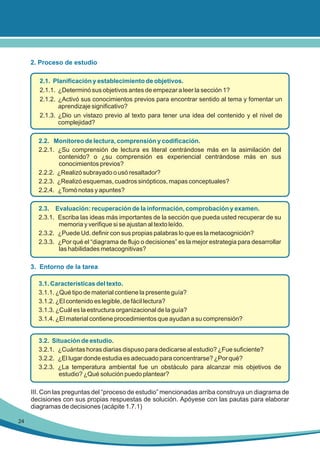 2. Proceso de estudio
2.1. Planificación y establecimiento de objetivos.
2.1.1. ¿Determinó sus objetivos antes de empezar a leer la sección 1?
2.1.2. ¿Activó sus conocimientos previos para encontrar sentido al tema y fomentar un
aprendizaje significativo?
2.1.3. ¿Dio un vistazo previo al texto para tener una idea del contenido y el nivel de
complejidad?
2.2. Monitoreo de lectura, comprensión y codificación.
2.2.1. ¿Su comprensión de lectura es literal centrándose más en la asimilación del
contenido? o ¿su comprensión es experiencial centrándose más en sus
conocimientos previos?
2.2.2. ¿Realizó subrayado o usó resaltador?
2.2.3. ¿Realizó esquemas, cuadros sinópticos, mapas conceptuales?
2.2.4. ¿Tomó notas y apuntes?
2.3. Evaluación: recuperación de la información, comprobación y examen.
2.3.1. Escriba las ideas más importantes de la sección que pueda usted recuperar de su
memoria y verifique si se ajustan al texto leído.
2.3.2. ¿Puede Ud. definir con sus propias palabras lo que es la metacognición?
2.3.3. ¿Por qué el “diagrama de flujo o decisiones” es la mejor estrategia para desarrollar
las habilidades metacognitivas?

3. Entorno de la tarea
3.1. Características del texto.
3.1.1. ¿Qué tipo de material contiene la presente guía?
3.1.2. ¿El contenido es legible, de fácil lectura?
3.1.3. ¿Cuál es la estructura organizacional de la guía?
3.1.4. ¿El material contiene procedimientos que ayudan a su comprensión?

3.2. Situación de estudio.
3.2.1. ¿Cuántas horas diarias dispuso para dedicarse al estudio? ¿Fue suficiente?
3.2.2. ¿El lugar donde estudia es adecuado para concentrarse? ¿Por qué?
3.2.3. ¿La temperatura ambiental fue un obstáculo para alcanzar mis objetivos de
estudio? ¿Qué solución puedo plantear?

III. Con las preguntas del “proceso de estudio” mencionadas arriba construya un diagrama de
decisiones con sus propias respuestas de solución. Apóyese con las pautas para elaborar
diagramas de decisiones (acápite 1.7.1)
24

 