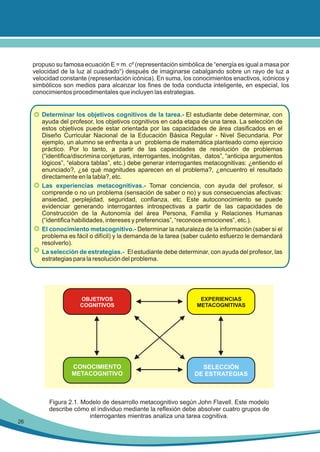 propuso su famosa ecuación E = m. c² (representación simbólica de “energía es igual a masa por
velocidad de la luz al cuadrado“) después de imaginarse cabalgando sobre un rayo de luz a
velocidad constante (representación icónica). En suma, los conocimientos enactivos, icónicos y
simbólicos son medios para alcanzar los fines de toda conducta inteligente, en especial, los
conocimientos procedimentales que incluyen las estrategias.

• Determinar los objetivos cognitivos de la tarea.- El estudiante debe determinar, con
ayuda del profesor, los objetivos cognitivos en cada etapa de una tarea. La selección de
estos objetivos puede estar orientada por las capacidades de área clasificados en el
Diseño Curricular Nacional de la Educación Básica Regular - Nivel Secundaria. Por
ejemplo, un alumno se enfrenta a un problema de matemática planteado como ejercicio
práctico. Por lo tanto, a partir de las capacidades de resolución de problemas
(“identifica/discrimina conjeturas, interrogantes, incógnitas, datos”, “anticipa argumentos
lógicos”, “elabora tablas”, etc.) debe generar interrogantes metacognitivas: ¿entiendo el
enunciado?, ¿sé qué magnitudes aparecen en el problema?, ¿encuentro el resultado
directamente en la tabla?, etc.
• Las experiencias metacognitivas.- Tomar conciencia, con ayuda del profesor, si
comprende o no un problema (sensación de saber o no) y sus consecuencias afectivas:
ansiedad, perplejidad, seguridad, confianza, etc. Este autoconocimiento se puede
evidenciar generando interrogantes introspectivas a partir de las capacidades de
Construcción de la Autonomía del área Persona, Familia y Relaciones Humanas
(“identifica habilidades, intereses y preferencias”, “reconoce emociones”, etc.).
• El conocimiento metacognitivo.- Determinar la naturaleza de la información (saber si el
problema es fácil o difícil) y la demanda de la tarea (saber cuánto esfuerzo le demandará
resolverlo).
• La selección de estrategias.- El estudiante debe determinar, con ayuda del profesor, las
estrategias para la resolución del problema.

OBJETIVOS
COGNITIVOS

EXPERIENCIAS
METACOGNITIVAS

CONOCIMIENTO
METACOGNITIVO

SELECCIÓN
DE ESTRATEGIAS

Figura 2.1. Modelo de desarrollo metacognitivo según John Flavell. Este modelo
describe cómo el individuo mediante la reflexión debe absolver cuatro grupos de
interrogantes mientras analiza una tarea cognitiva.
26

 