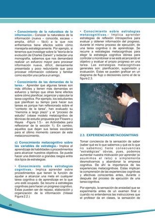 • Conocimiento de la naturaleza de la
información.- Conocer la naturaleza de la
información (nueva – conocida, escasa –
amplia, difícil – fácil) a la que nos
enfrentamos tiene efectos sobre cómo
manejarla estratégicamente. Por ejemplo, si
tenemos que investigar sobre la “teoría de la
evolución de Charles Darwin“ y redactar una
monografía, sabemos que nos demandará
realizar un esfuerzo mayor para procesar
información nueva, difícil, densamente
presentada y poco redundante que para
procesar información cotidiana y familiar
como escribir una carta a un amigo.
• Conocimiento de las demandas de la
tarea.- Aprender que algunas tareas son
más difíciles y tienen más demandas en
esfuerzo y tiempo que otras tiene efectos
sobre cómo planificar, organizar y ejecutar la
tarea cognitiva. Por ejemplo, los estudiantes
que planifican su tiempo para hacer sus
tareas es porque han reflexionado sobre el
“contexto de la tarea“, han evaluado su
“memoria a largo plazo“ y el “proceso de
estudio“ (véase modelo metacognitivo de
técnicas de estudio propuesta por Flowers y
Hayes -Figura 1.5.- en Actividades para
reflexionar de la sección 1). En cambio,
aquellos que dejan sus tareas escolares
para el último momento carecen de este
metaconocimiento.

c) Conocimiento metacognitivo sobre
las variables de estrategia.- Implica el
aprendizaje de habilidades o procedimientos
para alcanzar nuestros objetivos. Se puede
hacer una distinción a grandes rasgos entre
dos tipos de estrategias:
• Conocimiento sobre estrategias
cognitivas.- Implica aprender sobre
procedimientos que tienen la función de
ayudar a alcanzar una meta en cualquier
tarea cognitiva o de aprendizaje en la que
uno esté ocupado. Se recurre a estrategias
cognitivas para hacer un progreso cognitivo.
Estas pueden ser de repaso, elaboración y
organización de la información (Véase
Figura 2.2.)
28

• Conocimiento sobre estrategias
metacognitivas.- Implica aprender
estrategias de reflexión introspectiva para
evaluar y obtener información del progreso,
durante el mismo proceso de ejecución, de
una tarea cognitiva o de aprendizaje. Se
recurre a estrategias metacognitivas para
elegir la estrategia cognitiva idónea para
controlar o monitorear si se está alcanzando el
objetivo y evaluar el propio progreso en una
tarea. Las estrategias metacognitivas
generales son: planificación, supervisión y
evaluación. Estas se pueden graficar en un
diagrama de flujo o decisiones como el de la
figura 2.3.

2.3. EXPERIENCIAS METACOGNITIVAS
Tomar conciencia de la sensación de saber
(saber qué es lo que sabemos y qué es lo que
no sabemos) tiene consecuencias
“estratégicas“ obvias, pues, podemos
aumentar nuestra motivación por aprender (si
asumimos el reto) o simplemente
desmotivarnos y abandonar la empresa
cognitiva. De ahí la importancia de las
experiencias metacognitivas. Estas implican
la comprensión de las experiencias cognitivas
y afectivas conscientes antes, durante o
después del proceso de ejecución de una
tarea cognitiva.
Por ejemplo, la sensación de ansiedad que se
experimenta antes de un examen final o
cuando no entendemos las instrucciones que
el profesor da en clases, la sensación de

 