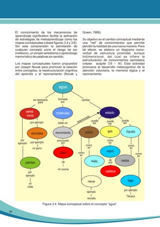 El conocimiento de los mecanismos de
aprendizaje significativo facilita la aplicación
de estrategias de metaaprendizaje como los
mapas conceptuales (véase figuras 3.4 y 3.6).
Sin esta comprensión la asimilación de
cualquier concepto corre el riesgo de ser
irreflexivo, un simple verbalismo o aprendizaje
memorístico de palabras sin sentido.
Los mapas conceptuales fueron propuestos
por Joseph Novak para promover la relación
entre conceptos, la reestructuración cognitiva
del aprendiz y el razonamiento (Novak y

Gowin, 1988).
Su objetivo es el cambio conceptual mediante
una “red” de conocimientos que permite
percibir la realidad de una nueva manera. Para
tal efecto, se elabora un diagrama iconoverbal de estructura piramidal, aunque
bidimensional, del cual se infiere la
estructuración de conocimientos asimilados
(véase acápite 3.6 – III). Esta actividad
promueve el desarrollo metacognitivo de la
atención voluntaria, la memoria lógica y el
razonamiento.

agua
es necesaria
para

seres
vivos

formada
por

estado

moléculas

por ejemplo

están en

animales
por
ejemplo

cambia

movimiento

por ejemplo

i
erm
det

provocado
por

plantas

de

puede
ser

sólido

como
en

mi perro

calor

a
nad

gas

hielo

mi cocina

líquido

como
en
como
en

de
una

como
en

niebla

caldera
nieve
ejemplo
nevada

Figura 3.4. Mapa conceptual sobre el concepto “agua”.
46

puede
ser

vapor

como
en

por
ejemplo
un
roble

puede
ser

lago
por ejemplo
Titicaca

 