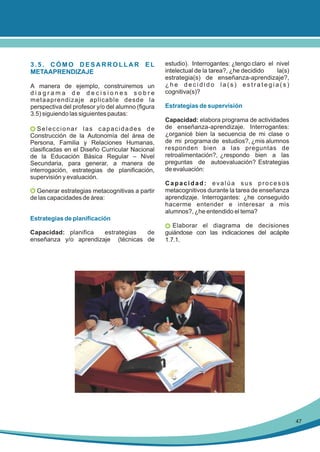 3.5. CÓMO DESARROLLAR EL
METAAPRENDIZAJE
A manera de ejemplo, construiremos un
diagrama de decisiones sobre
metaaprendizaje aplicable desde la
perspectiva del profesor y/o del alumno (figura
3.5) siguiendo las siguientes pautas:
Seleccionar las capacidades de
Construcción de la Autonomía del área de
Persona, Familia y Relaciones Humanas,
clasificadas en el Diseño Curricular Nacional
de la Educación Básica Regular – Nivel
Secundaria, para generar, a manera de
interrogación, estrategias de planificación,
supervisión y evaluación.
Generar estrategias metacognitivas a partir
de las capacidades de área:

estudio). Interrogantes: ¿tengo claro el nivel
intelectual de la tarea?, ¿he decidido
la(s)
estrategia(s) de enseñanza-aprendizaje?,
¿he decidido la(s) estrategia(s)
cognitiva(s)?
Estrategias de supervisión
Capacidad: elabora programa de actividades
de enseñanza-aprendizaje. Interrogantes:
¿organicé bien la secuencia de mi clase o
de mi programa de estudios?, ¿mis alumnos
responden bien a las preguntas de
retroalimentación?, ¿respondo bien a las
preguntas de autoevaluación? Estrategias
de evaluación:
Capacidad: evalúa sus procesos
metacognitivos durante la tarea de enseñanza
aprendizaje. Interrogantes: ¿he conseguido
hacerme entender e interesar a mis
alumnos?, ¿he entendido el tema?

Estrategias de planificación
Capacidad: planifica
estrategias
de
enseñanza y/o aprendizaje (técnicas de

Elaborar el diagrama de decisiones
guiándose con las indicaciones del acápite
1.7.1.

47

 