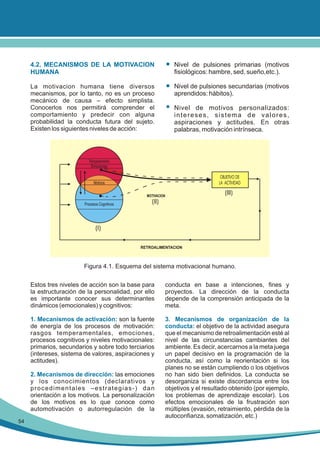4.2. MECANISMOS DE LA MOTIVACION
HUMANA

Nivel de pulsiones primarias (motivos
fisiológicos: hambre, sed, sueño,etc.).

La motivacion humana tiene diversos
mecanismos, por lo tanto, no es un proceso
mecánico de causa – efecto simplista.
Conocerlos nos permitirá comprender el
comportamiento y predecir con alguna
probabilidad la conducta futura del sujeto.
Existen los siguientes niveles de acción:

Nivel de pulsiones secundarias (motivos
aprendidos: hábitos).
Nivel de motivos personalizados:
intereses, sistema de valores,
aspiraciones y actitudes. En otras
palabras, motivación intrínseca.

Temperamento
Emociones

OBJETIVO DE
LA ACTIVIDAD

Motivos
MOTIVACION

Procesos Cognitivos

(III)

(II)

(I)
RETROALIMENTACION

Figura 4.1. Esquema del sistema motivacional humano.
Estos tres niveles de acción son la base para
la estructuración de la personalidad, por ello
es importante conocer sus determinantes
dinámicos (emocionales) y cognitivos:

conducta en base a intenciones, fines y
proyectos. La dirección de la conducta
depende de la comprensión anticipada de la
meta.

1. Mecanismos de activación: son la fuente
de energía de los procesos de motivación:
rasgos temperamentales, emociones,
procesos cognitivos y niveles motivacionales:
primarios, secundarios y sobre todo terciarios
(intereses, sistema de valores, aspiraciones y
actitudes).

3. Mecanismos de organización de la
conducta: el objetivo de la actividad asegura
que el mecanismo de retroalimentación esté al
nivel de las circunstancias cambiantes del
ambiente. Es decir, acercarnos a la meta juega
un papel decisivo en la programación de la
conducta, así como la reorientación si los
planes no se están cumpliendo o los objetivos
no han sido bien definidos. La conducta se
desorganiza si existe discordancia entre los
objetivos y el resultado obtenido (por ejemplo,
los problemas de aprendizaje escolar). Los
efectos emocionales de la frustración son
múltiples (evasión, retraimiento, pérdida de la
autoconfianza, somatización, etc.)

2. Mecanismos de dirección: las emociones
y los conocimientos (declarativos y
procedimentales –estrategias-) dan
orientación a los motivos. La personalización
de los motivos es lo que conoce como
automotivación o autorregulación de la
54

 