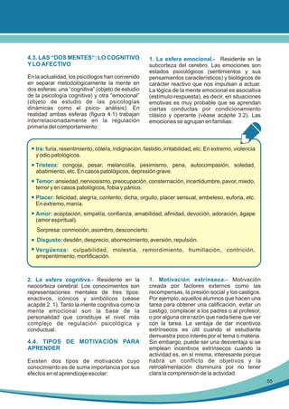 4.3. LAS “DOS MENTES“: LO COGNITIVO
Y LO AFECTIVO
En la actualidad, los psicólogos han convenido
en separar metodológicamente la mente en
dos esferas: una “cognitiva” (objeto de estudio
de la psicología cognitiva) y otra “emocional”
(objeto de estudio de las psicologías
dinámicas como el psico- análisis). En
realidad ambas esferas (figura 4.1) trabajan
interrelacionadamente en la regulación
primaria del comportamiento:

1. La esfera emocional.- Residente en la
subcorteza del cerebro. Las emociones son
estados psicológicos (sentimientos y sus
pensamientos característicos) y biológicos de
carácter reactivo que nos impulsan a actuar.
La lógica de la mente emocional es asociativa
(estímulo-respuesta), es decir, en situaciones
emotivas es muy probable que se aprendan
ciertas conductas por condicionamiento
clásico y operante (véase acápite 3.2). Las
emociones se agrupan en familias:

Ira: furia, resentimiento, cólera, indignación, fastidio, irritabilidad, etc. En extremo, violencia
y odio patológicos.
Tristeza: congoja, pesar, melancolía, pesimismo, pena, autocompasión, soledad,
abatimiento, etc. En casos patológicos, depresión grave.
Temor: ansiedad, nerviosismo, preocupación, consternación, incertidumbre, pavor, miedo,
terror y en casos patológicos, fobia y pánico.
Placer: felicidad, alegría, contento, dicha, orgullo, placer sensual, embeleso, euforia, etc.
En extremo, manía.
Amor: aceptación, simpatía, confianza, amabilidad, afinidad, devoción, adoración, ágape
(amor espiritual).
Sorpresa: conmoción, asombro, desconcierto.
Disgusto: desdén, desprecio, aborrecimiento, aversión, repulsión.
Vergüenza: culpabilidad, molestia, remordimiento, humillación, contrición,
arrepentimiento, mortificación.

2. La esfera cognitiva.- Residente en la
neocorteza cerebral. Los conocimientos son
representaciones mentales de tres tipos:
enactivos, icónicos y simbólicos (véase
acápite 2. 1). Tanto la mente cognitiva como la
mente emocional son la base de la
personalidad que constituye el nivel más
complejo de regulación psicológica y
conductual.

4.4. TIPOS DE MOTIVACIÓN PARA
APRENDER
Existen dos tipos de motivación cuyo
conocimiento es de suma importancia por sus
efectos en el aprendizaje escolar:

1. Motivación extrínseca.- Motivación
creada por factores externos como las
recompensas, la presión social y los castigos.
Por ejemplo, aquellos alumnos que hacen una
tarea para obtener una calificación, evitar un
castigo, complacer a los padres o al profesor,
o por alguna otra razón que nada tiene que ver
con la tarea. La ventaja de dar incentivos
extrínsecos es útil cuando el estudiante
demuestra poco interés por el tema o materia.
Sin embargo, puede ser una desventaja si se
emplean incentivos extrínsecos cuando la
actividad es, en sí misma, interesante porque
habrá un conflicto de objetivos y la
retroalimentación disminuirá por no tener
clara la comprensión de la actividad.
55

 