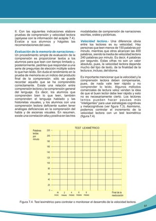 II. Con las siguientes indicaciones elabore
pruebas de comprensión y velocidad lectora
(apóyese con la información del acápite 7.4).
Evalúe a sus alumnos y hágales las
recomendaciones del caso.
Evaluación de la memoria de narraciones.Un procedimiento simple de evaluación de la
comprensión es proporcionar textos a los
alumnos para que lean con tiempo limitado y,
posteriormente, pedirles que respondan a una
serie de preguntas de elección múltiple sobre
lo que han leído. Sin duda el rendimiento en la
prueba de memoria es un indicio del producto
final de la comprensión: sólo se puede
recordar aquello que se ha comprendido
correctamente. Existe una relación entre
comprensión lectora y la comprensión general
del lenguaje. Es decir, los alumnos que
comprenden bien lo que leen, también
comprenden el lenguaje hablado y las
historietas visuales, y los alumnos con una
comprensión lectora deficiente suelen tener
análogas deficiencias en la comprensión del
habla y de escenas visuales. En resumen,
existe una correlación alta y positiva en las tres

modalidades de comprensión de narraciones
escritas, orales y pictóricas.
Velocidad lectora.- Una diferencia obvia
entre los lectores es su velocidad. Hay
personas que leen menos de 150 palabras por
minuto, mientras que otros alcanzan las 400
palabras, siendo la media de velocidad lectora
240 palabras por minuto. Es decir, 4 palabras
por segundo. Estas cifras no son un valor
absoluto, pues, la velocidad lectora depende
mucho del tipo de texto, de la finalidad de la
lectura e, incluso, del idioma.
Es importante mencionar que la velocidad y la
comprensión lectora deben compensarse,
pues, de nada vale leer rápido y no
comprender lo leído. Algunos métodos
comerciales de lectura veloz venden la idea
de que el buen lector debe leer rápido y esto
no es necesariamente cierto. Los lectores
lentos pueden hacer pausas más
“inteligentes“ para usar estrategias cognitivas
y metacognitivas (ver figura 7.3). Asimismo,
podemos controlar el incremento de la
velocidad lectora con un test leximétrico
(figura 7.4)

TEST LEXIMÉTRICO
Palabras
leídas
por
minuto

220
200
180
160
140
120
100
80
60
40
20
0
Al
inicio

6
8
4
2
meses meses meses meses

Final de la
reeducación

Figura 7.4. Test leximétrico para controlar o monitorear el desarrollo de la velocidad lectora.
87

 