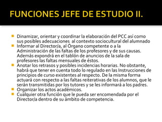 







Dinamizar, orientar y coordinar la elaboración del PCC así como
sus posibles adecuaciones al contexto sociocultural del alumnado
Informar al Director/a, al Órgano competente o a la
Administración de las faltas de los profesores y de sus causas.
Además expondrá en el tablón de anuncios de la sala de
profesores las faltas mensuales de éstos.
Anotar los retrasos y posibles incidencias horarias. No obstante,
habrá que tener en cuenta todo lo regulado en las Instrucciones de
principios de curso existentes al respecto. De la misma forma
actuará con respecto a las faltas reiterativas de los alumnos, que le
serán transmitidas por los tutores y se les informará a los padres.
Organizar los actos académicos.
Cualquier otra función que le pueda ser encomendada por el
Director/a dentro de su ámbito de competencia.

 