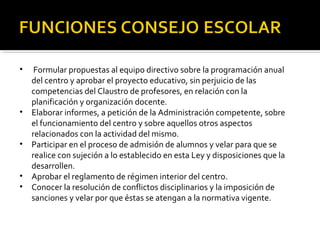 •

•
•
•
•

Formular propuestas al equipo directivo sobre la programación anual
del centro y aprobar el proyecto educativo, sin perjuicio de las
competencias del Claustro de profesores, en relación con la
planificación y organización docente.
Elaborar informes, a petición de la Administración competente, sobre
el funcionamiento del centro y sobre aquellos otros aspectos
relacionados con la actividad del mismo.
Participar en el proceso de admisión de alumnos y velar para que se
realice con sujeción a lo establecido en esta Ley y disposiciones que la
desarrollen.
Aprobar el reglamento de régimen interior del centro.
Conocer la resolución de conflictos disciplinarios y la imposición de
sanciones y velar por que éstas se atengan a la normativa vigente.

 