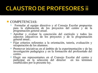 

COMPETENCIAS:






Formular al equipo directivo y al Consejo Escolar propuestas
para la elaboración de los proyectos del centro y de la
programación general anual.
Aprobar y evaluar la concreción del currículo y todos los
aspectos educativos de los proyectos y de la programación
general anual..
Fijar criterios referentes a la orientación, tutoría, evaluación y
recuperación de los alumnos.
Promover iniciativas en el ámbito de la experimentación y de las
investigación pedagógica y en la formación del profesorado del
centro.
Elegir sus representantes en el Consejo Escolar del centro y
participar en la selección del director
en los términos
establecidos por la presente ley.

 