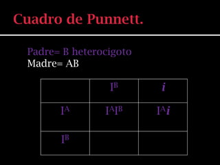 Padre= B heterocigoto
Madre= AB

                IB       i

      IA       I AI B   I Ai

      IB
 