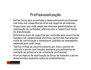 Profissionalização
• Define focos para orientação e desenvolvimento profissional
  com base nas competências afins aos negócios da empresa.
• Proporciona uma visão ampla das diversas possibilidades de
  combinação de conteúdos, públicos-alvo e respectivos meios
  de disseminação.
• Diferencia graus de expertise por conteúdo para exercício de
  funções com complexidade distintas, permitindo hierarquizar
  níveis de certificação e estabelecer padrões de desempenho
  esperado para cada cargo.
• Tipifica trilhas de encarreiramento por área e pontos de
  controle a serem confirmados mediante procedimentos de
  avaliação de potencial e de orientação profissional.
• Prioriza tópicos de mobilização da força de trabalho a serem
  desenvolvidos mediante ações de endomarketing.
 