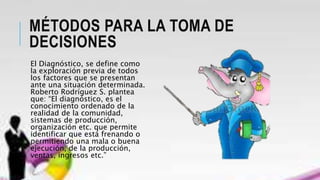 MÉTODOS PARA LA TOMA DE
DECISIONES
El Diagnóstico, se define como
la exploración previa de todos
los factores que se presentan
ante una situación determinada.
Roberto Rodríguez S. plantea
que: “El diagnóstico, es el
conocimiento ordenado de la
realidad de la comunidad,
sistemas de producción,
organización etc. que permite
identificar que está frenando o
permitiendo una mala o buena
ejecución, de la producción,
ventas, ingresos etc.”
 
